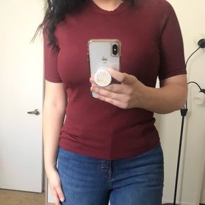 Fall Maroon Boohoo Mock Neck Ribbed Short Sleeve